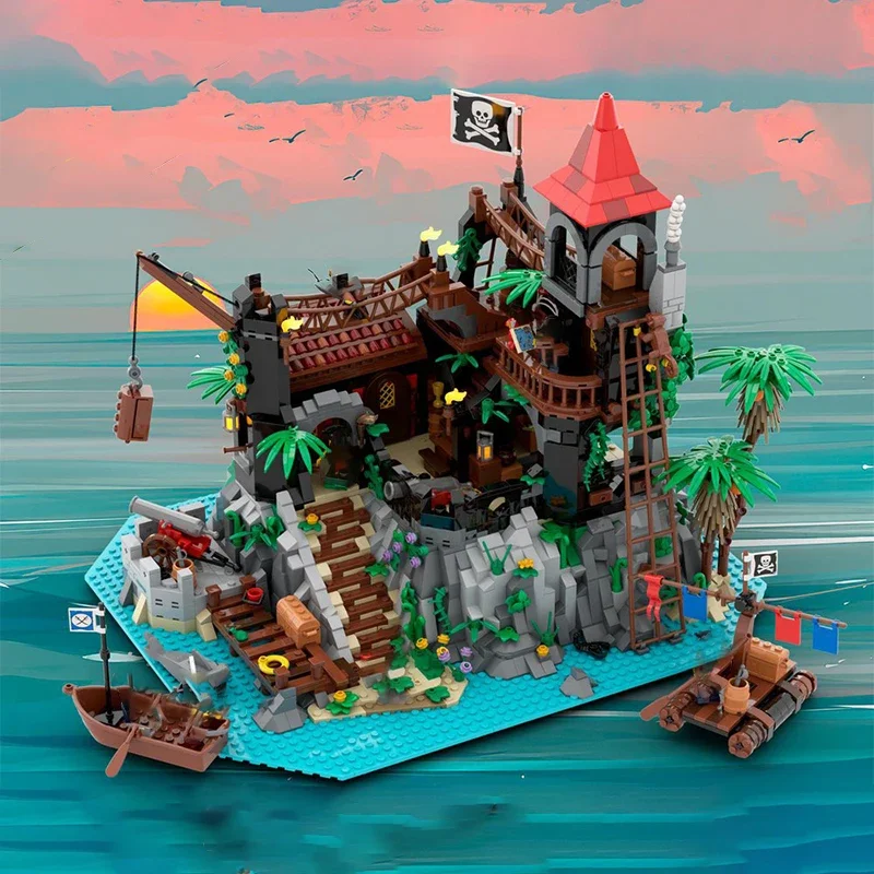 Moc Pirate's Bay Building Blocks Pirate Treasure Island Skull Bay DIY Construction Streetview Bricks Toys Kids Creative Gift