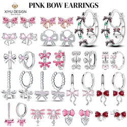 Fashion Charm 925 Sterling Silver Sparkling Pink Bow Row Hoop Earrings Fit Original Hoop Fine Jewelry Birthday Gifts  for Girls