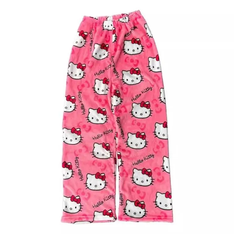Sanrio 귀여운 파자마 바지 헬로 키티 산호 벨벳 워크 바지 고품질 여자 학생 패션 사계절 만화 따뜻한 집