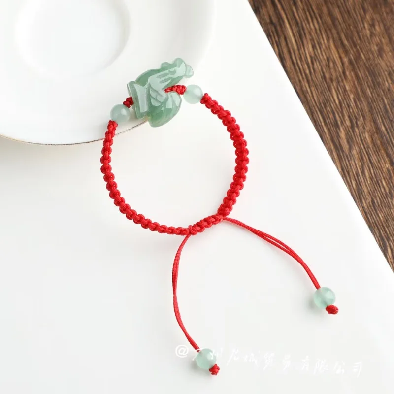 Customized Natural Jade Emerald Chinese Zodiac chicken Hand Knotted Bracelet Adjustable Bangle Charm Jewellery Woman Luck Amulet