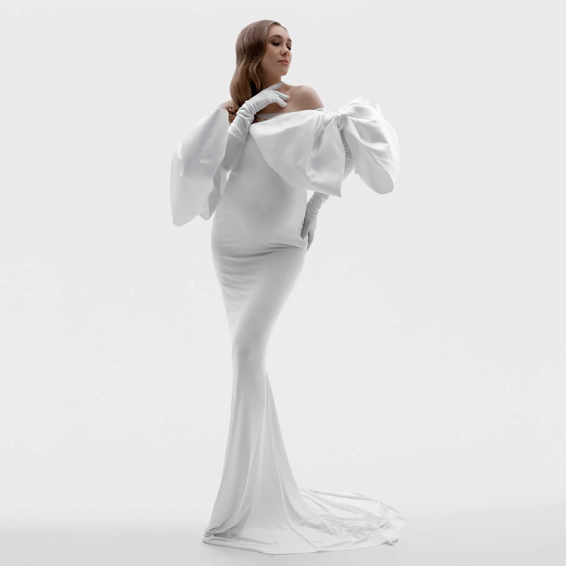 

Красивое белое платье для беременных с большим бантом, без бретелек, эластичное, для фотосессии и вечеринки в честь рождения ребенка