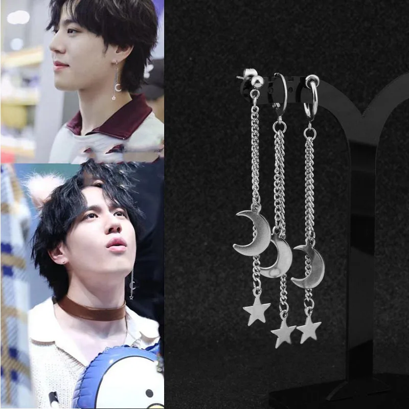 Pendientes colgantes de acero inoxidable para hombre y mujer, colgante de estrella y Luna, borla larga, aretes de aro Unisex, joyería Kpop Suga