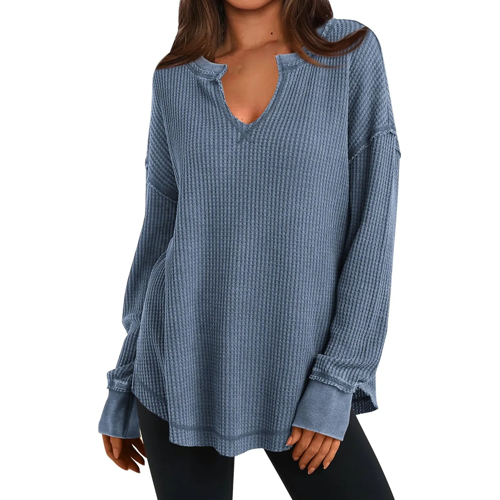 Basic Solid Color Knit Long Sleeve Shirts V-Neck Fashionable Loose Casual Drop Shoulder Pullover Exposed Seam Fall Tops For Lady