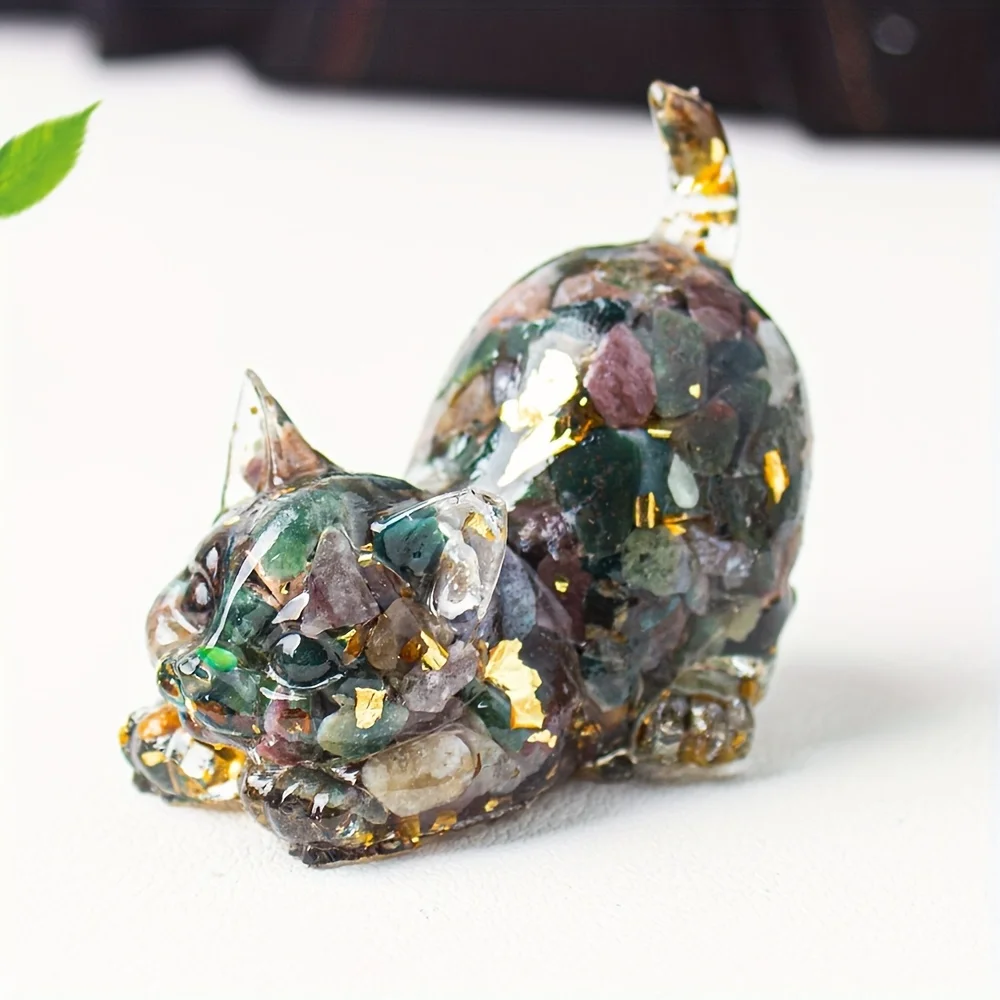 1.77in Resin Cat Statue with Tail, Natural Crystal Gemstone Figurine, Feng Shui Spiritual Decor for Halloween Christmas Gift