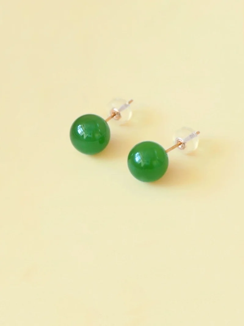 

New Real 18K Gold earrings Natural green agate for Women Au750 Design Simple Fashion Fine Jewelry Gift
