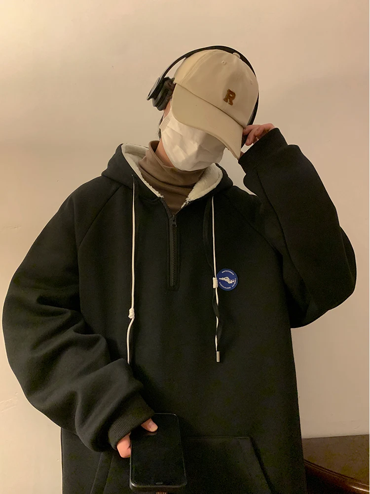 

Heavyweight Hooded Zipper Sweatirt Men's Winter Thiened Lamb Velvet Jaet Youth Trendy Brand Casual Loose Fit Autumn Winter