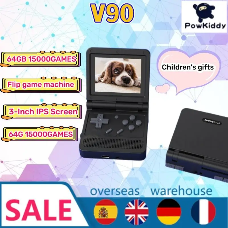 2023 POWKIDDY V90 Original 3-Inch IPS Screen Flip Handheld Console 16 Simulators PS1 Open System Game Console Children's