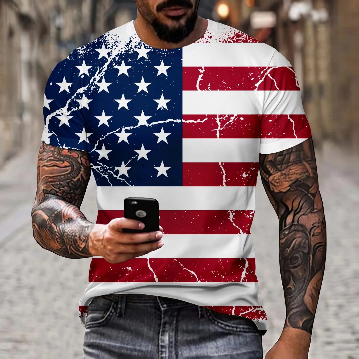 Men's 3D national flag printed T-shirt summer casual versatile pullover sports fashion loose and comfortable short sleeved top