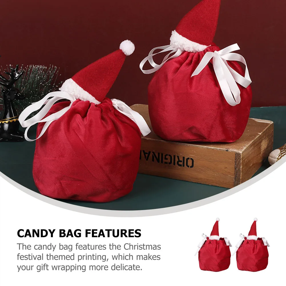

2pcs Christmas Gift Bags Red Drawstring Candy Small Gifts Cards Party Favor Holiday StorageReusable Classic Design Festive