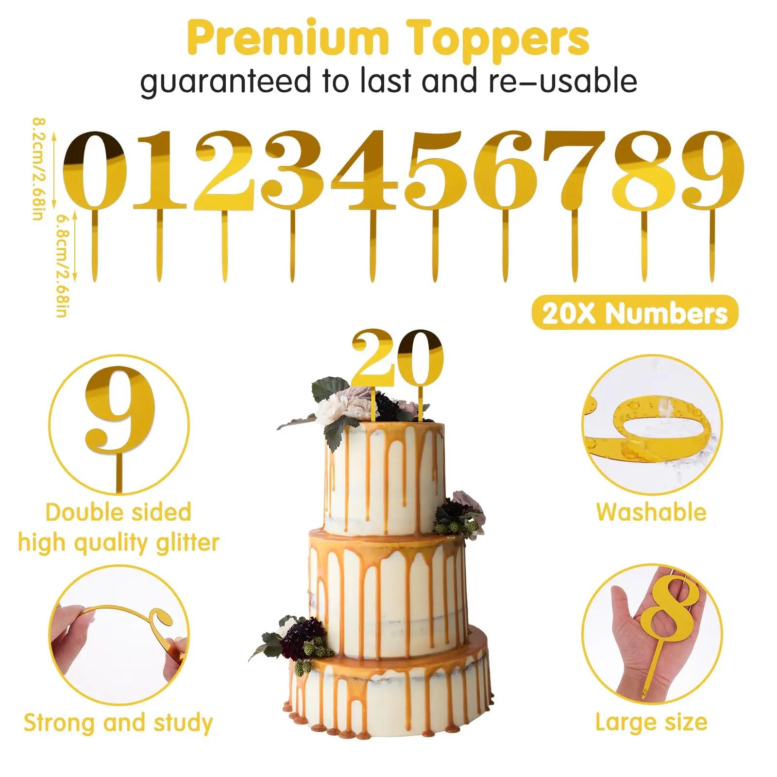 Acrylic Numbe 0-9 Cake Topper Gold Shiny Cake Decorations for Birthday, Party, Wedding, Anniversary, Bottle Service