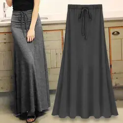 Maxi Skirt forAdjustable Drawstring High Waist Side Slit Large Hem Long Skirt Solid Color A-Line Skirt