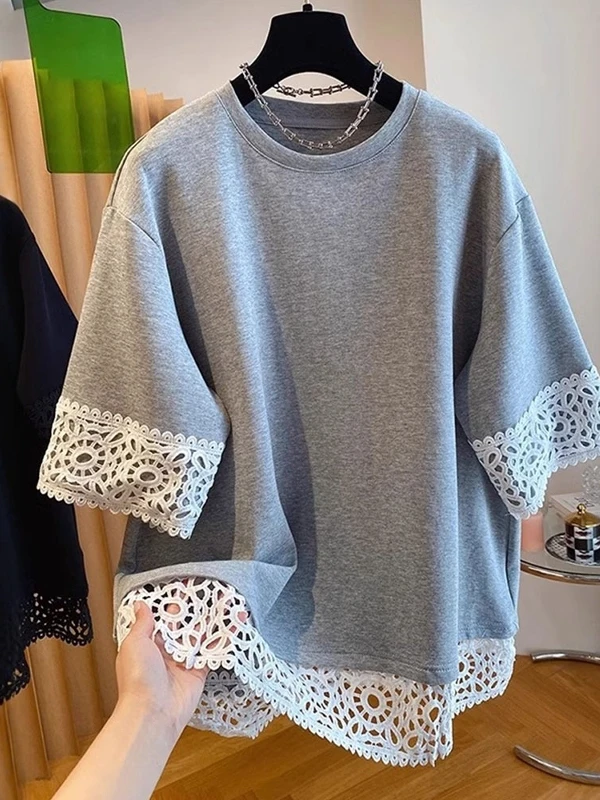 

Повседневная кружевная футболка, женская внутренняя одежда Base irt, топ для похудения больших размеров, удобный дышащий ort Sve round Ne