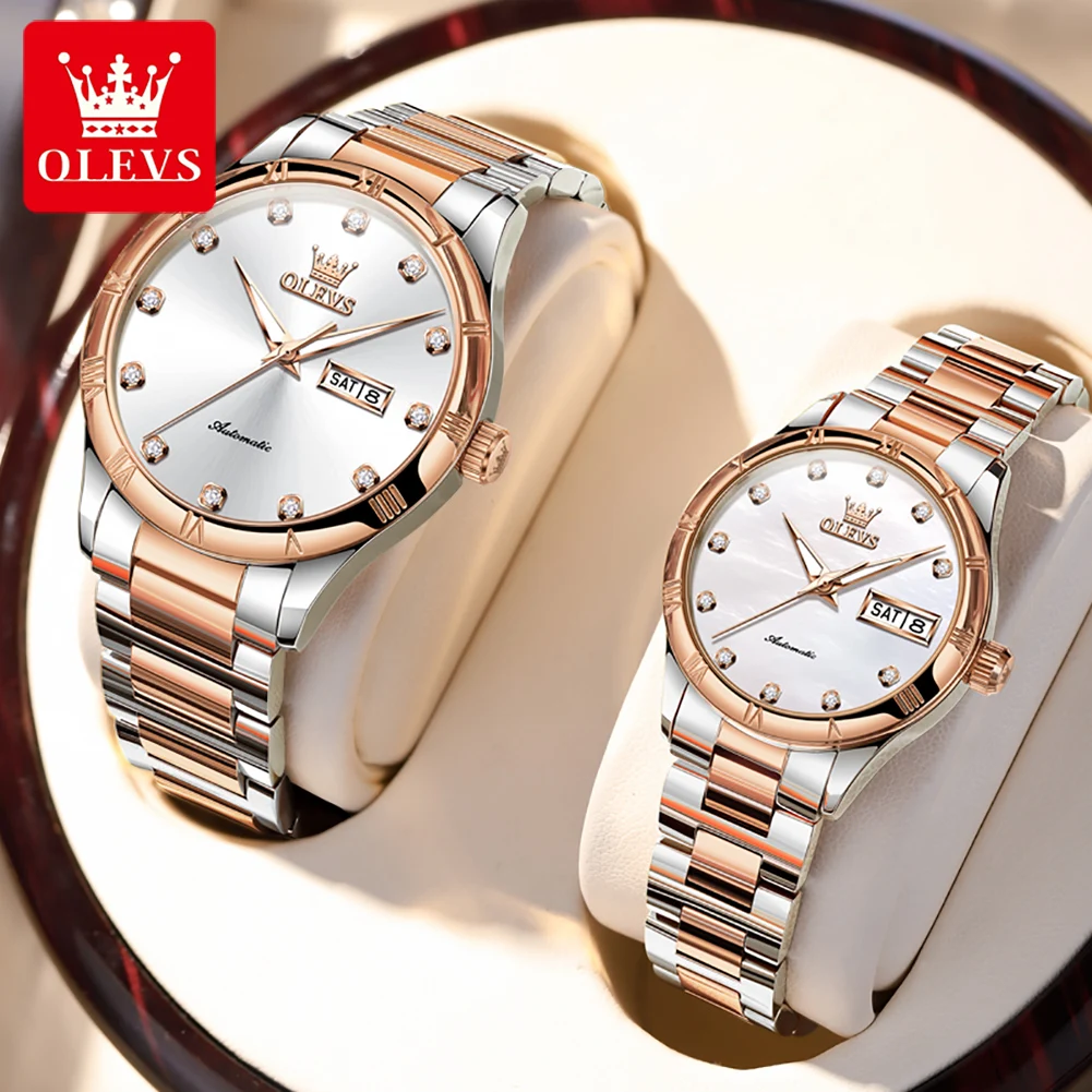 OLEVS-Montre mécanique automatique en acier inoxydable pour couple, montres pour amoureux, étanche, mode décontractée, originale, son et sa montre