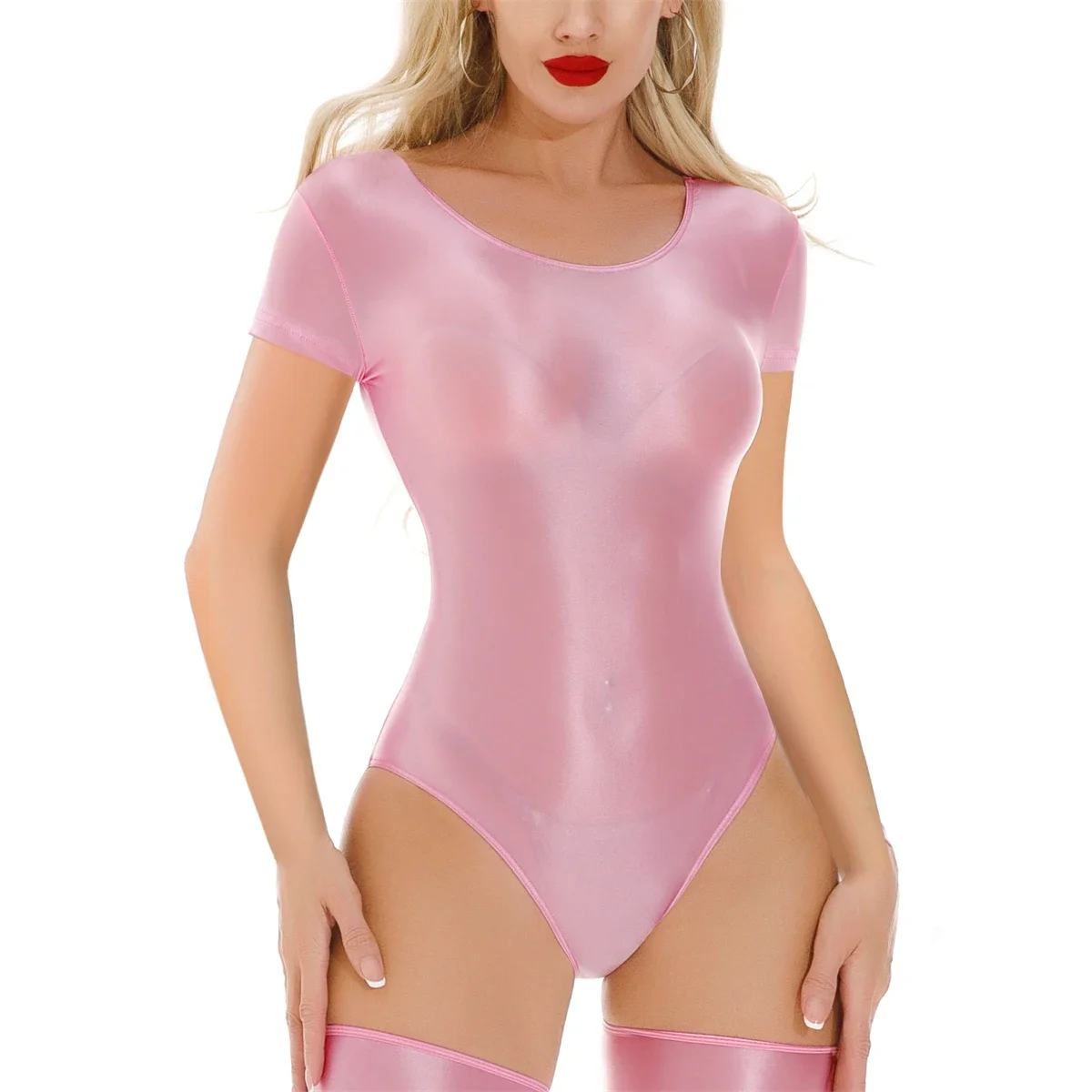 Vrouwen Sexy Bikini Turnpakje Effen Kleur Olie Glanzende Gladde Body Korte Mouw Badmode Rompertjes Transparante Yoga Fitness Catsuits