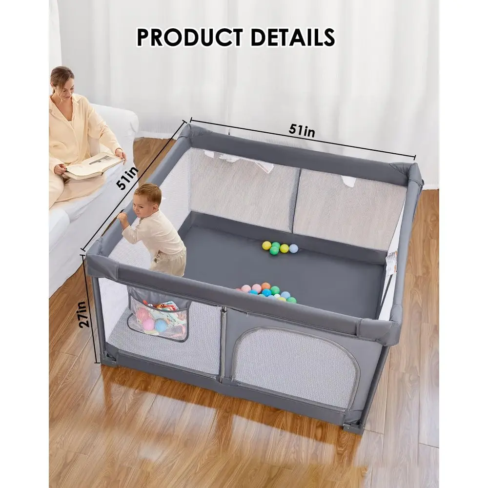Box pieghevole portatile extra large per neonati e bambini piccoli, centro attività sicuro per interni/esterni con cancello (51×51 grigio)