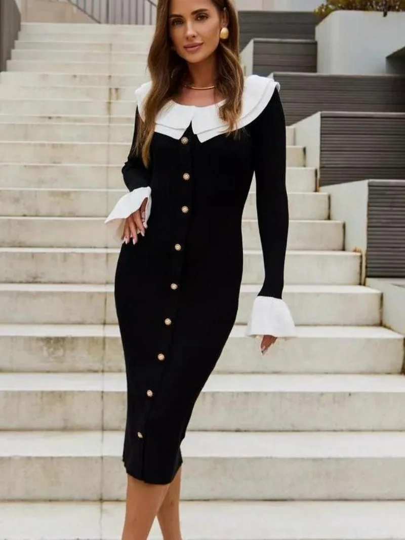 Fashion Colorblock Knitting Dress Autumn Clothing Women 2026 Flare Sleeve Single Breasted Maxi Long Dresses OL Style Knit Dress