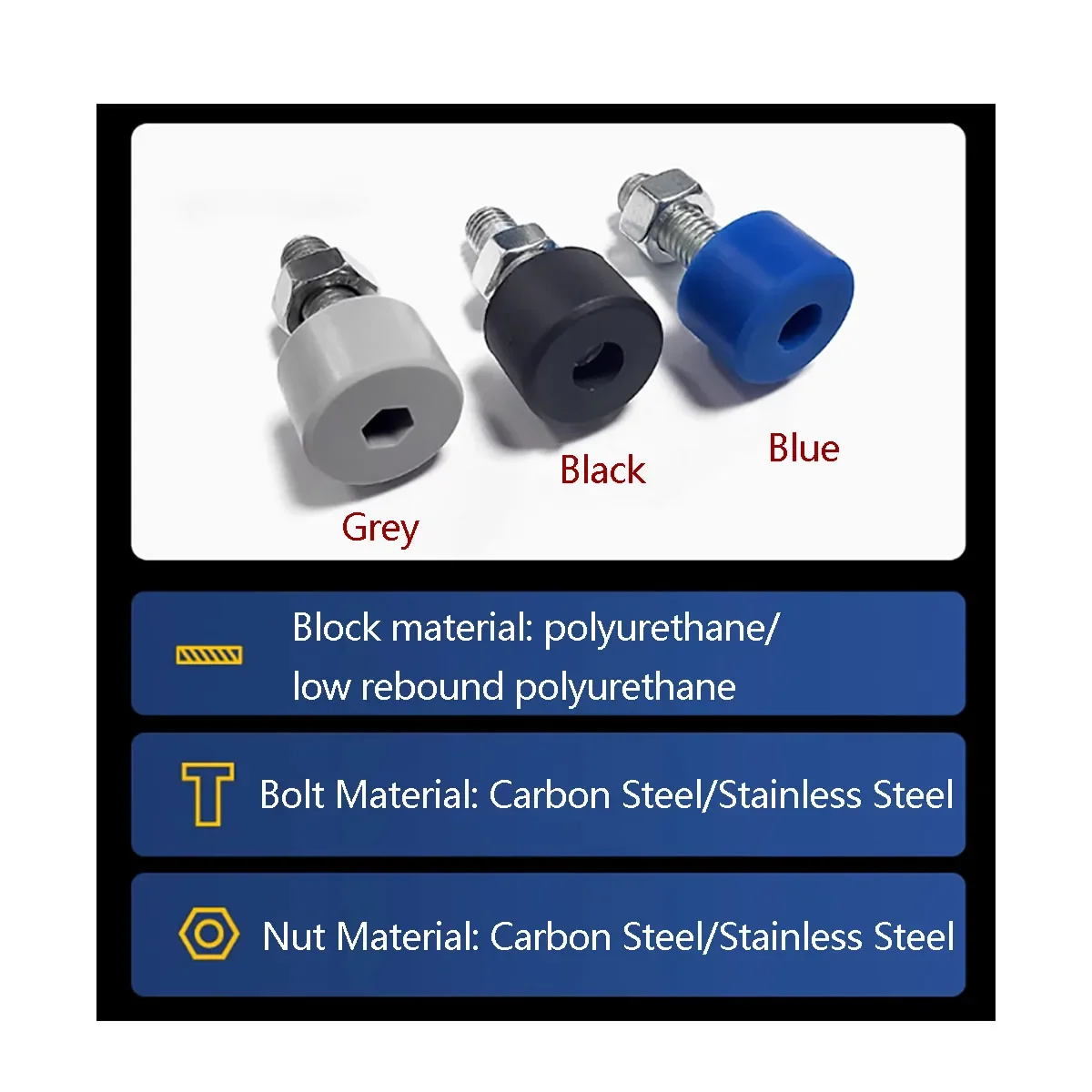 Black Polyurethane Stop Bolt Buffer Soft Rubber Block / Hexagon Hole Head Type / Shock Absorbing Fastener for Machinery