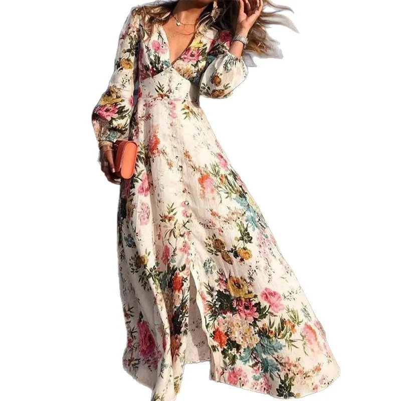 Deep V Long Sve impreso Dr 2025 temporada de primavera Thi tejido Cosite envoltura pecho Sle cintura media señoras Dr