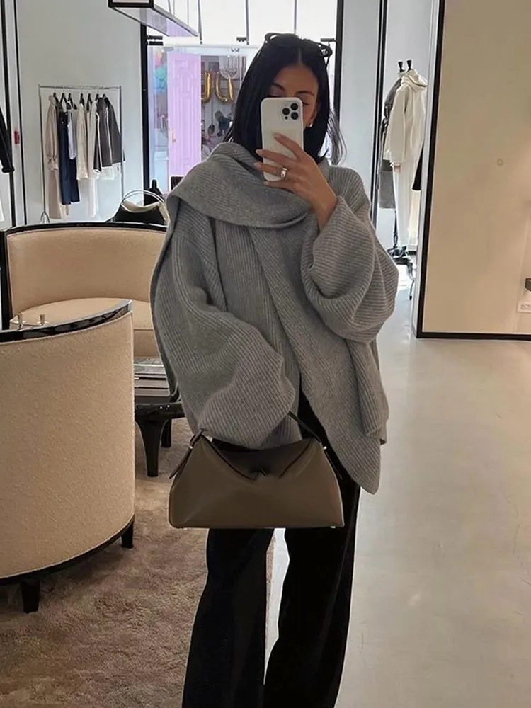 Classic Grey Full Sleeve Scarf Collar Female Knitted Sweater Elegant Solid Color Soft Pullover 2024 New Woman High Street Top