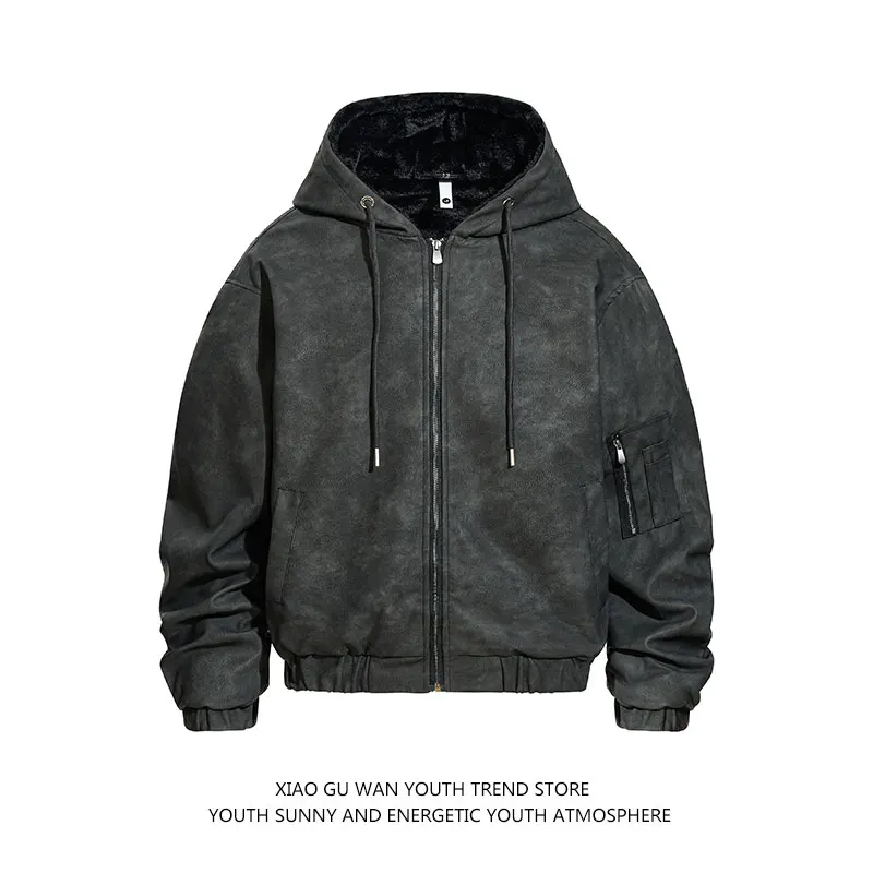 American Sle Suede Hoodie Jaet Men's Women's Loose Fit Personali Couple Outerwear Warm Thi Long Sve Zipper Closure