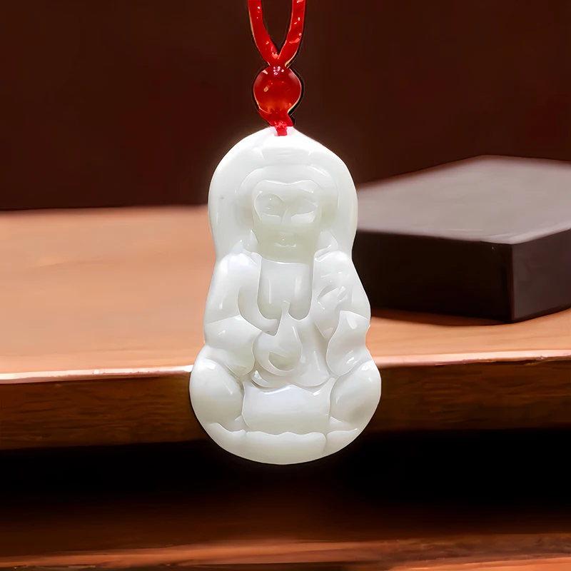 

White Natural Real Jade Guanyin Pendant Necklace Chinese Fashion Designer Luxury Vintage Gift Amulet Stone Carved Jewelry