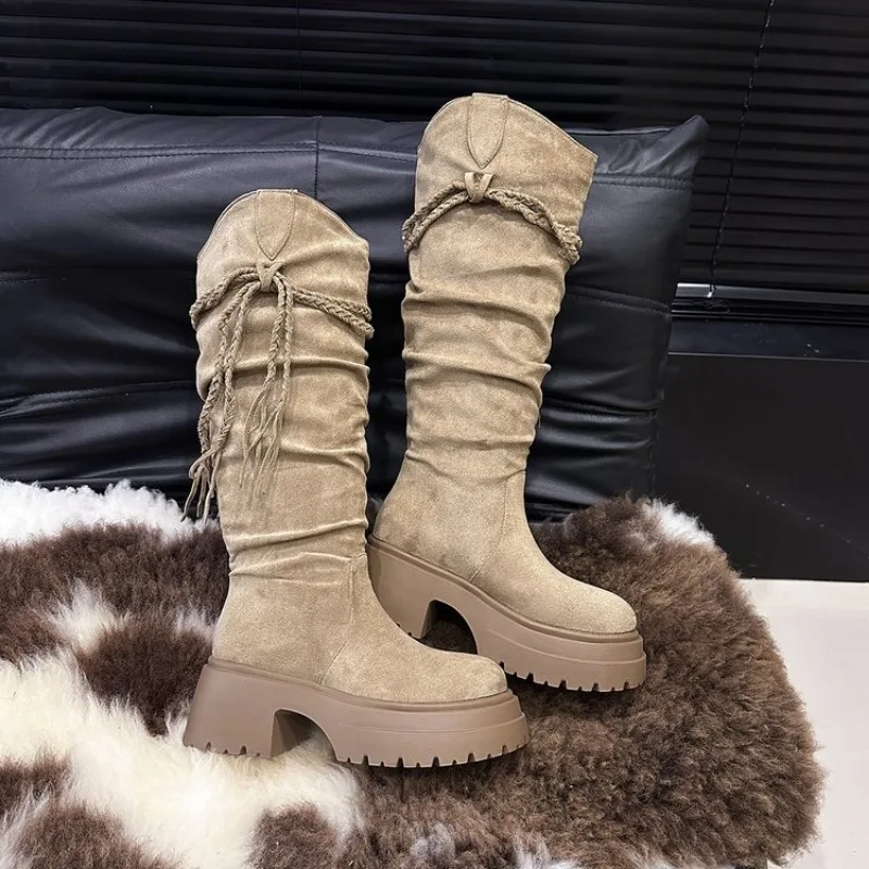 Spring and Autumn New Retro Fashion Style Fashion Boots Thick Heel Long Tube Slim Look Stacked Middle Tube Boots Plus Size 41 42