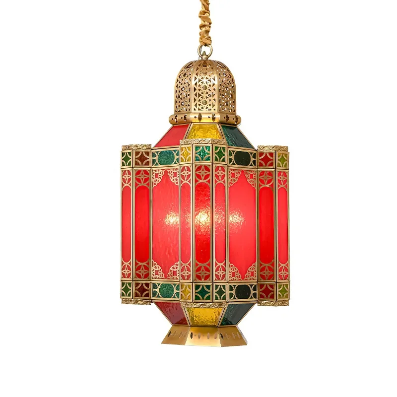 

Xinjiang exotic restaurant copper chandelier, Arabic living room aisle transparent glass hollow carved brass chandelier