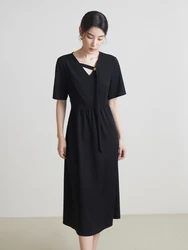 DUSHU V-neck French Dress For Women's Summer 2024 New Slim Fit Black Mid Length A-line Dress Casual Loose 24DS82059