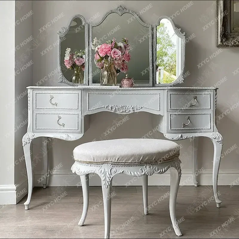 XXSolid Wood Carved Vanity Table Dresser With Mirror & Stool, White Vintage Bedroom Makeup Desk For Home Villa