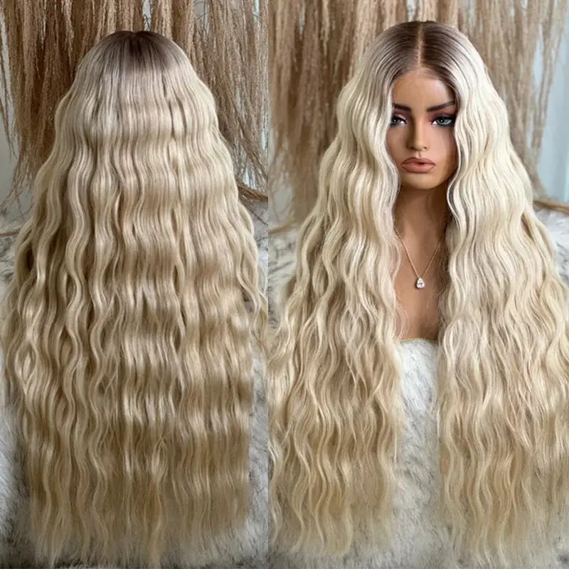 

Golden Blonde Wig Deep Wave Lace Front Wig Soft Synthetic Lace Wig Water Wavy Heat Safe Fibre Cosplay Daily Use Sale Clearance