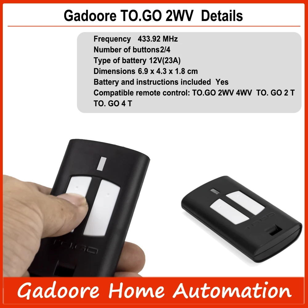 Gadoore TO.GO 2WV Garage Door Remote TO.GO 2WV TO.GO 4WV 433MHz Compatible with  BENINCA TO.GO 2WV 4WV IO.2WV  LO.T2WMR T2 WV T4