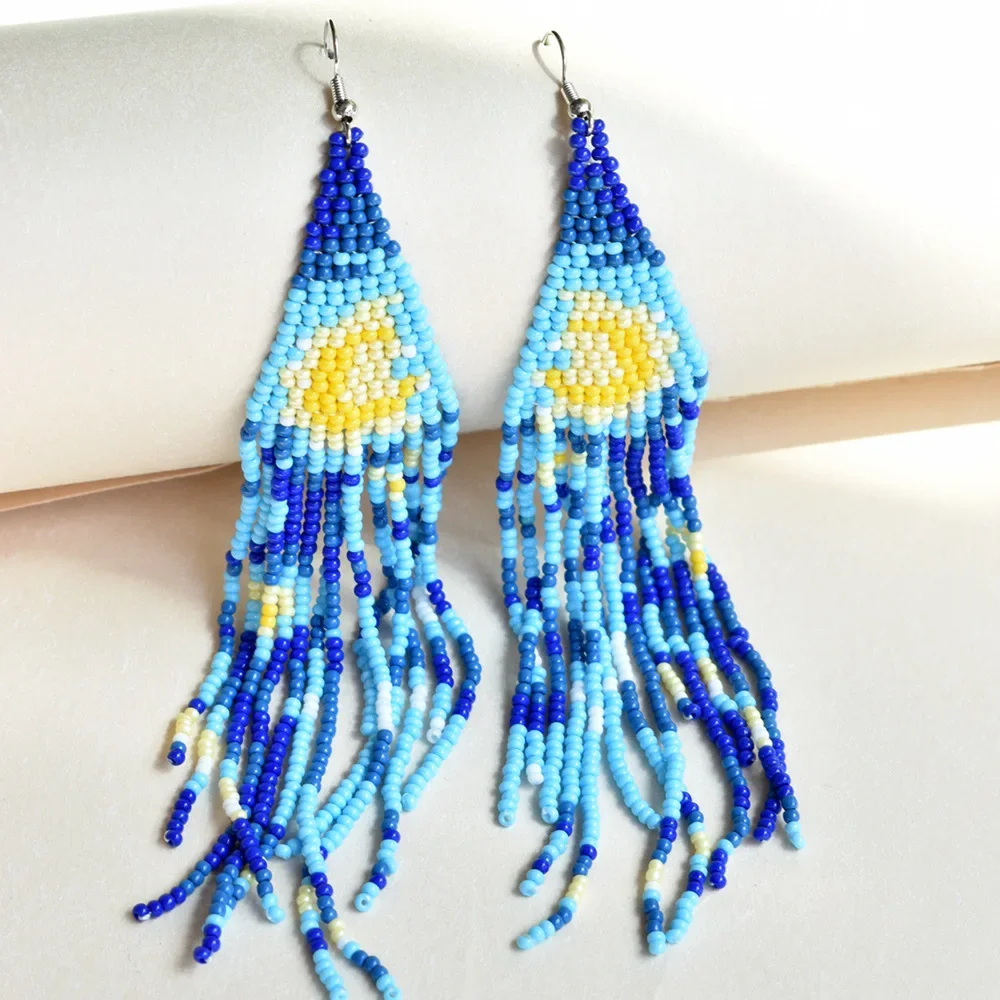 

Fringe Earrings Hand knitting fashion Beading moon Sunflower personality Bohemia alloy ma'am Rice Bead Earrings