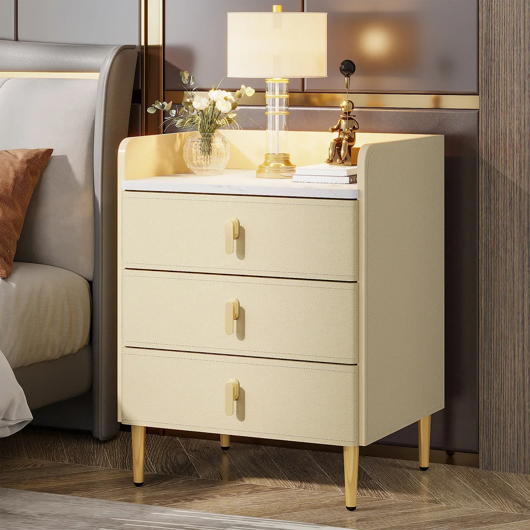 Tribesigns Nightstand with 3 Drawers, Modern Night Stand with PU Leather and Faux Marble Top, Tall Side Tables Beside Table