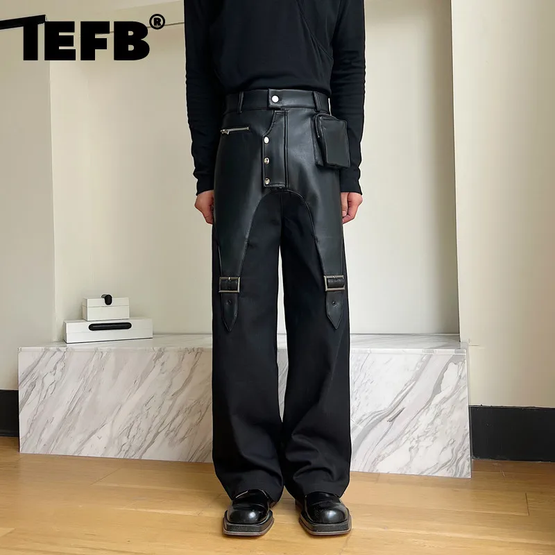 IEFB Men Trousers PU Leather Patchwork Casual Cargo Pant Straight Tube Streetwear Trend Male Spliced Overalls Fashion New 9C1775