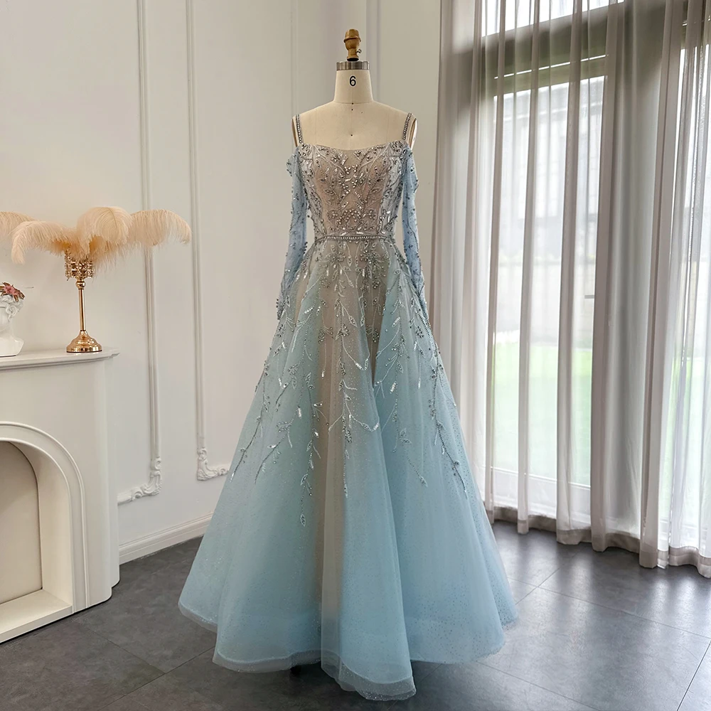 Sharon Said Dubai Luxury Blue Evening Dresses for Women Wedding Party Off Shoulder Long Sleeve Gold Ball Gown SS414 Customized