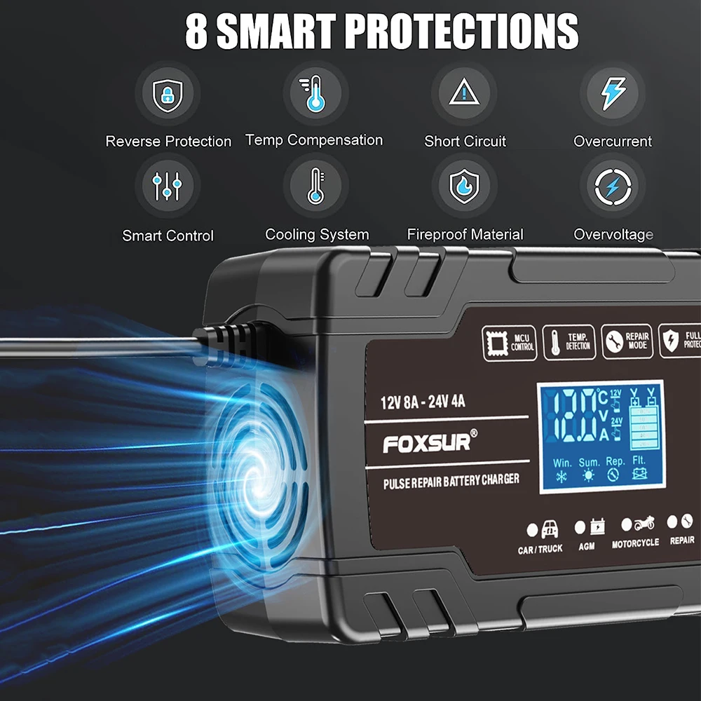 Intelligent Detection For Lead Acid AMG Battery 130W EU Plug Car Battery Chargers 12V 8A / 24V 4A 100V/240V Input Pulse Repair