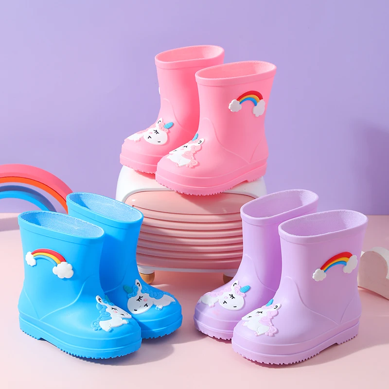 

Дождевые сапоги без шнуровки с милым мультяшным рисунком и эластичным шнурком для девочек и мальчиков, водонепроницаемые нескользящие резиновые сапоги для путешествий на открытом воздухе, A
