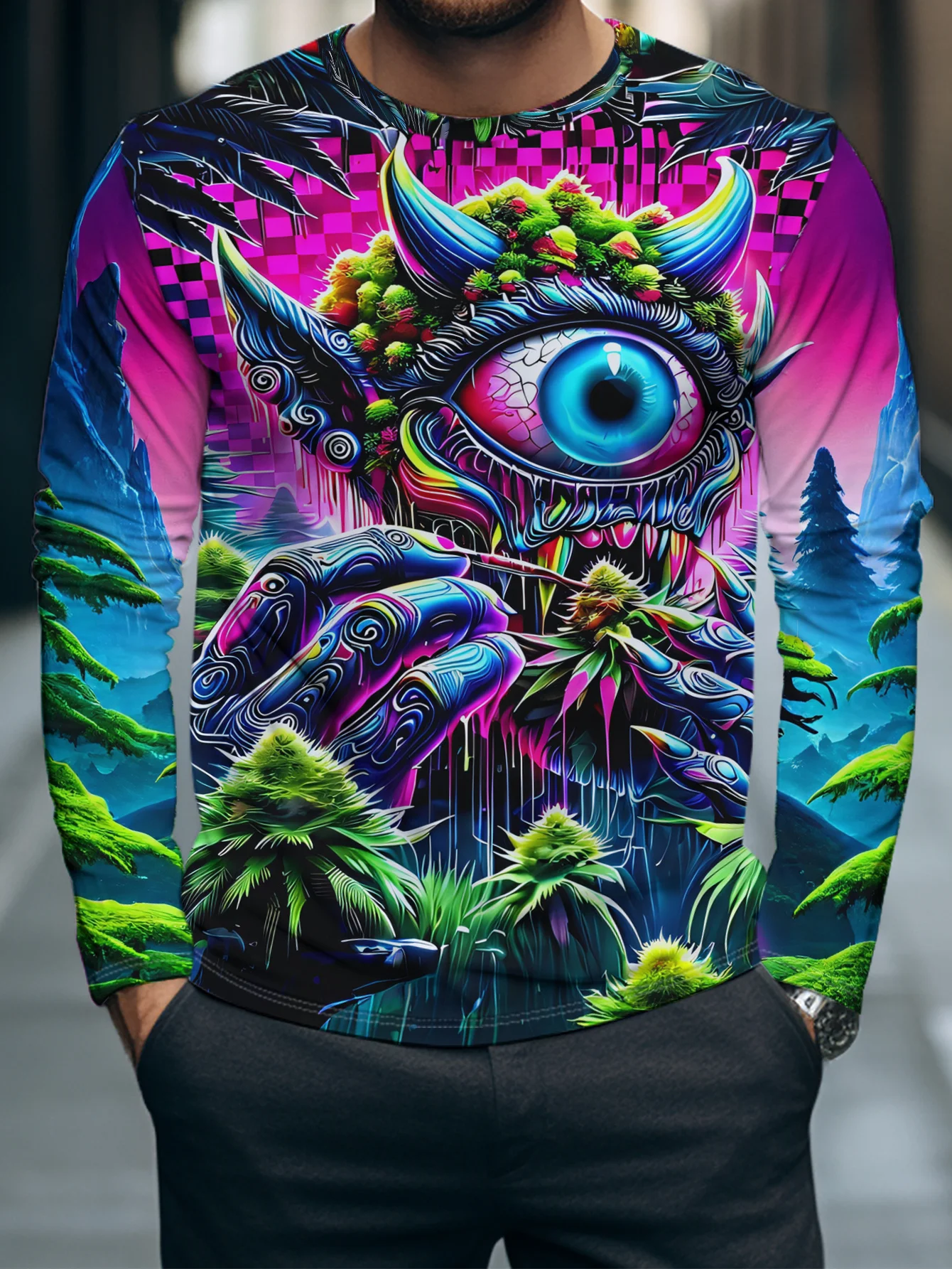 Men Long Sleeve T‑Shirt Psychedelic Demon Eye Mountain Landscape Print Crew Neck Trippy Street Casual Tops