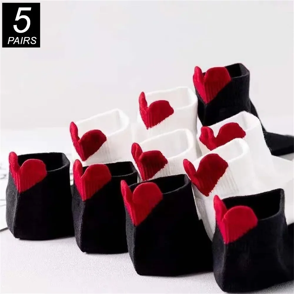 5 Pairs Lovely Hearts Low Tube Women's Short Socks Shallow Mouth Ankle Socks Cute Thin Spring/Summer Cotton Socks