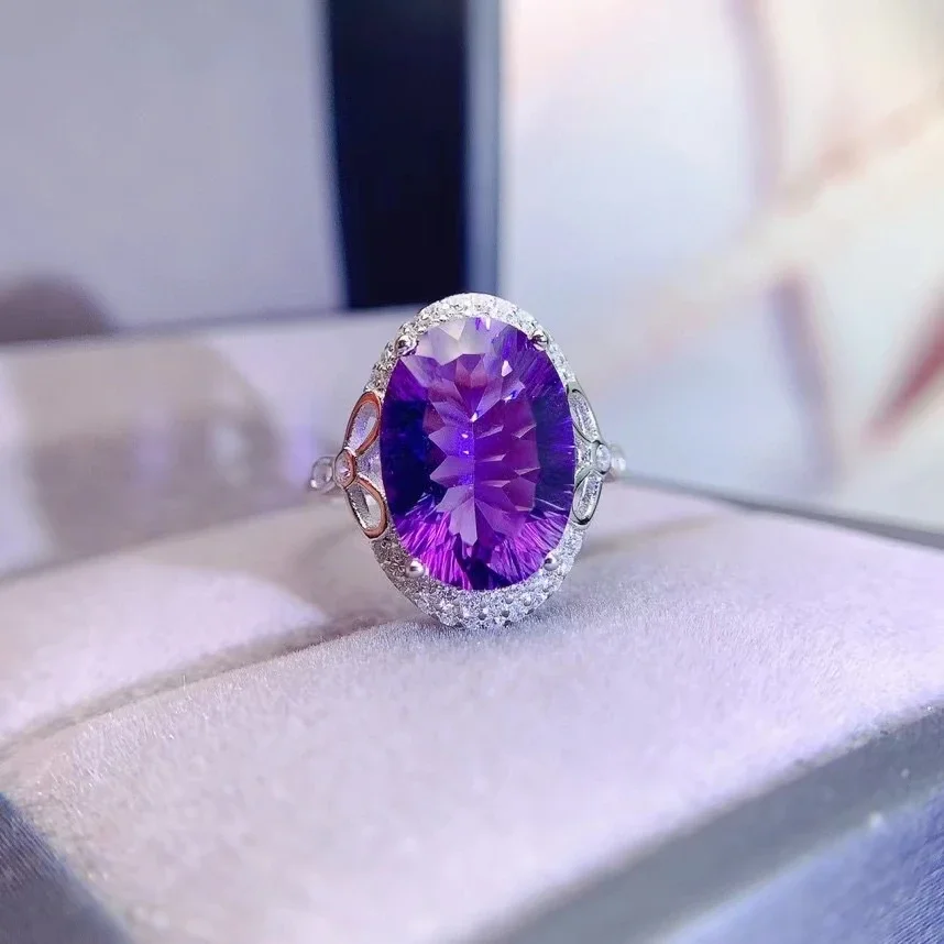 6ct VVS Grade Natural Amethyst Ring for Daily Wear 10*14mm Pure Amethyst Silver Ring 925 Silver Gem Jewelry with Gold Plating