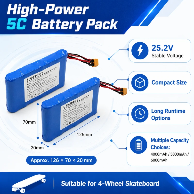 6000mAh 5C Power Model 7S1P 25.2V Cylindrical 18650 Power  Combination  Four Wheel Skateboard Long  Range Battery  Pack