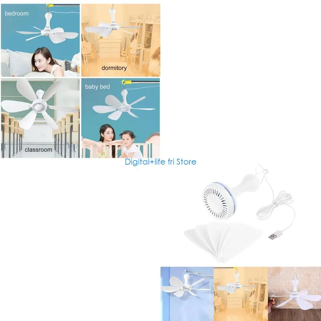 E06D USB Powered Remote Control Camping Fan 4-Speed 12-Hour Timer Ceiling Fan for Bed