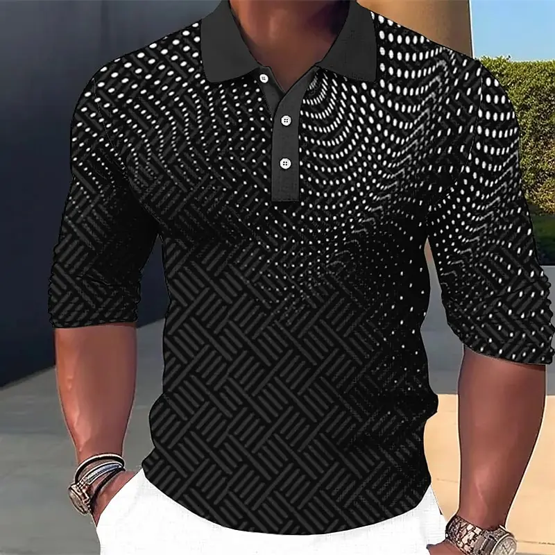 Men's Geometic Line Long Sleeve Polo Shirts Breathable Casual Geometic Dot Tops Slim Fit Quick Dry Classic Collar Multi Color