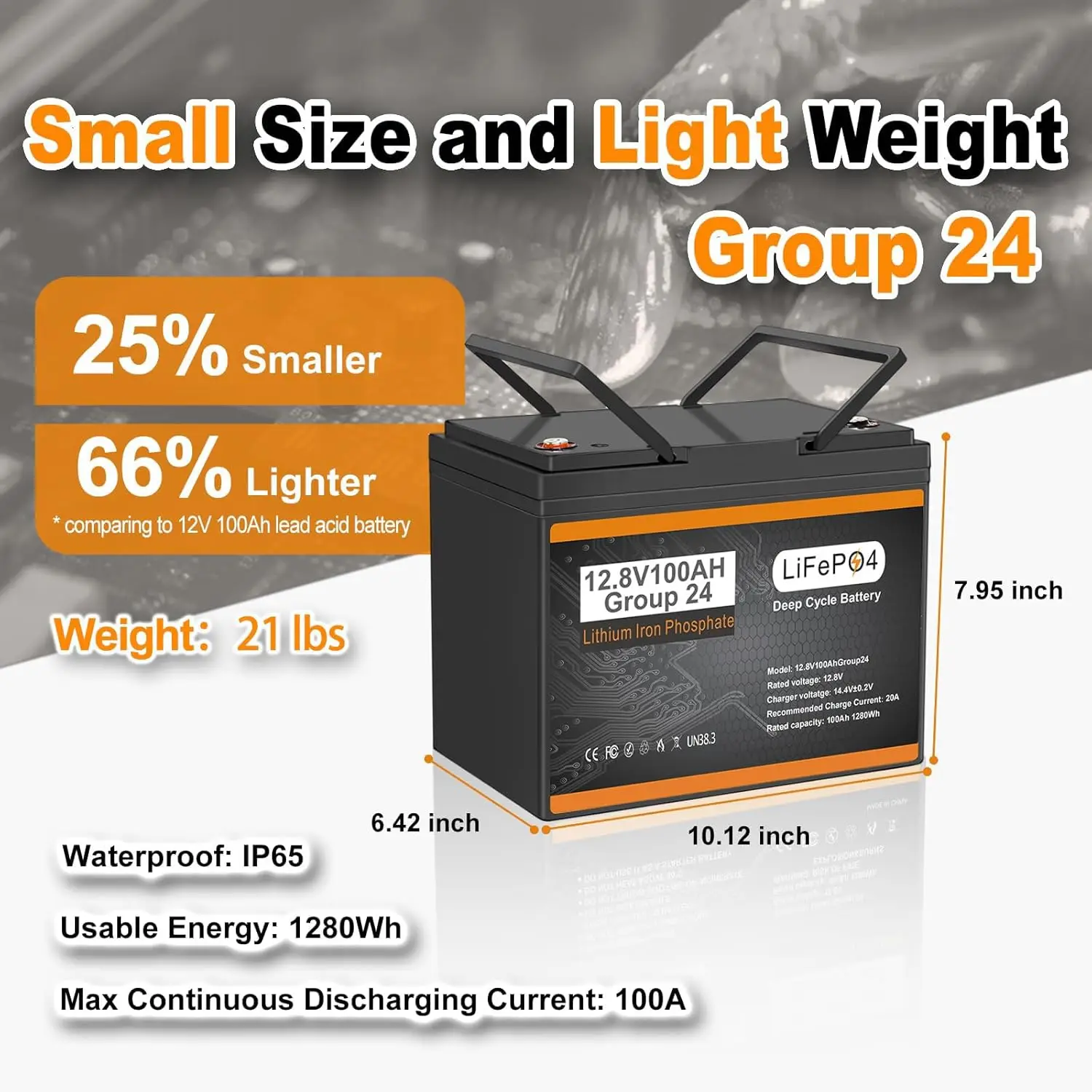 12V 100Ah LiFePO4 Lithium Battery, BCI Group 24 Deep Cycle Marine Battery, Lithium Batteries Built-in 100A BMS 1280Wh& 10-Year L