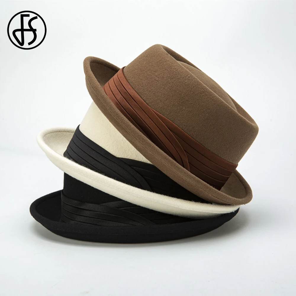 FS 2023 Roll Brim Black Pork Pie Hat For Men Ivory White Wool Fedoras Deep Camel Jazz Cap Church Panama Gangsters Caps Gentlemen