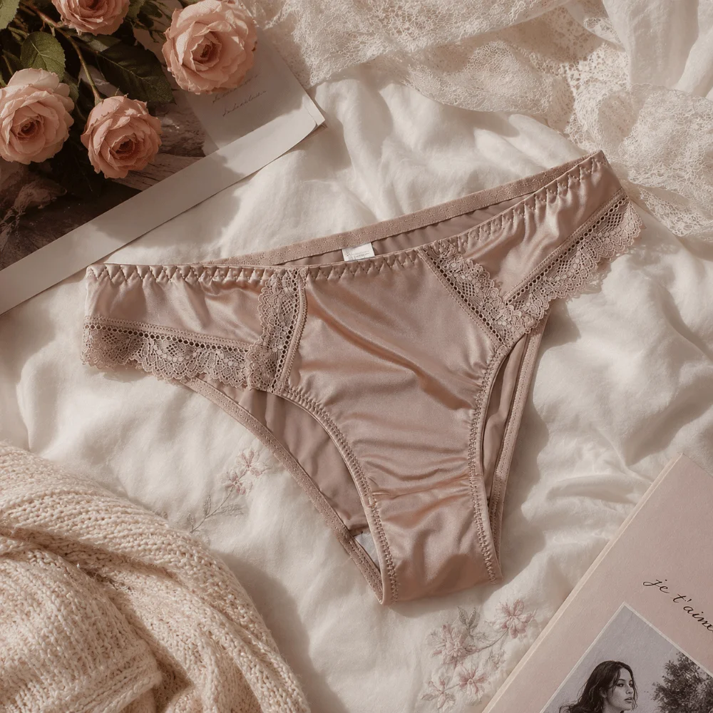 Smooth Low Waist Women Underwear Lace Lingerie Triangle Panties French Style Seamless Satin Silk Briefs Honeymoon