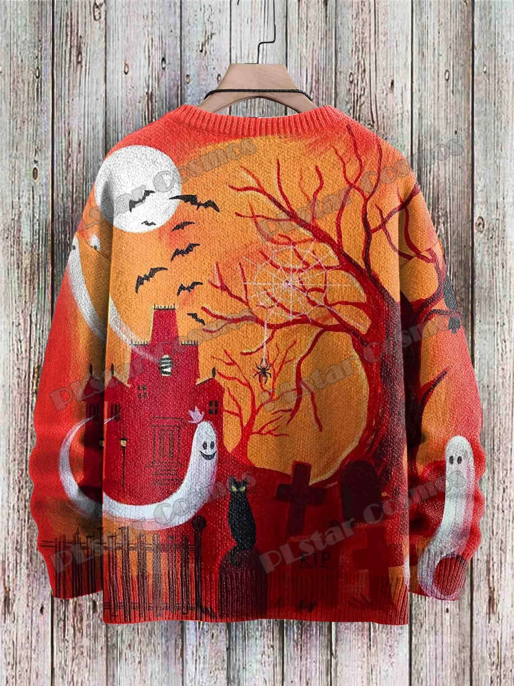 Halloween Castle Black Cat Ghost Retro Art 3D Printed Men's Knitted Pullover Winter Unisex Casual Knit Pullover Sweater ZZM130
