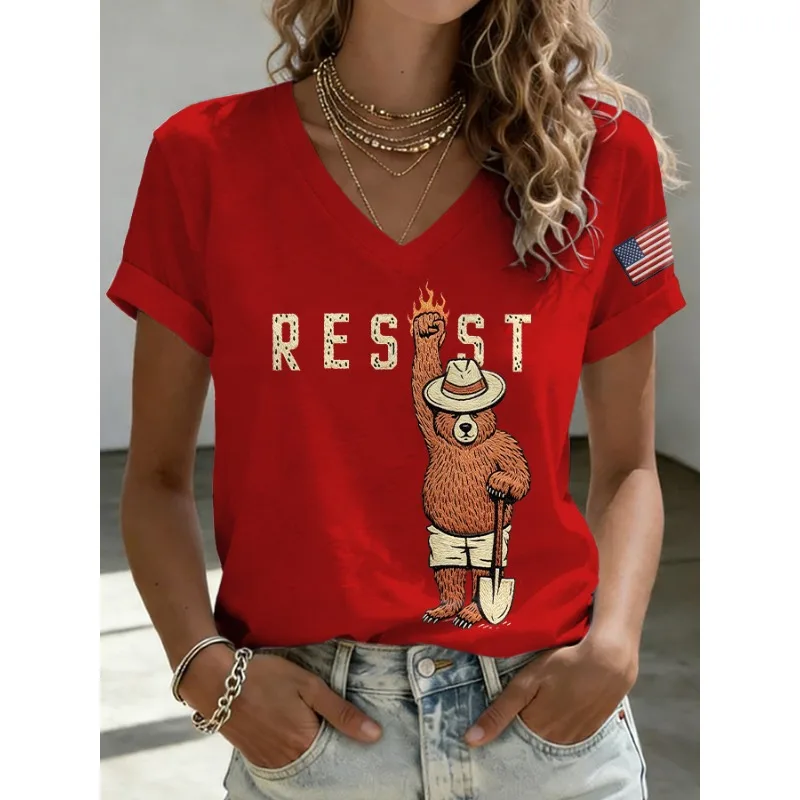 ilstile New Arrival Women's Resist Only You Can Prevent Forest Fires Print T-Shirts Short Sleeve  V Neck Summer Tops Casual Tees