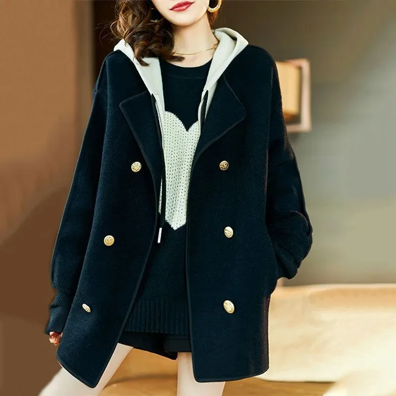 

2023 Spring Fashion Korean Version of thin Everything Temperament Hooded Fake Two Pieces Stitching Wool Coat Female Commuting X4