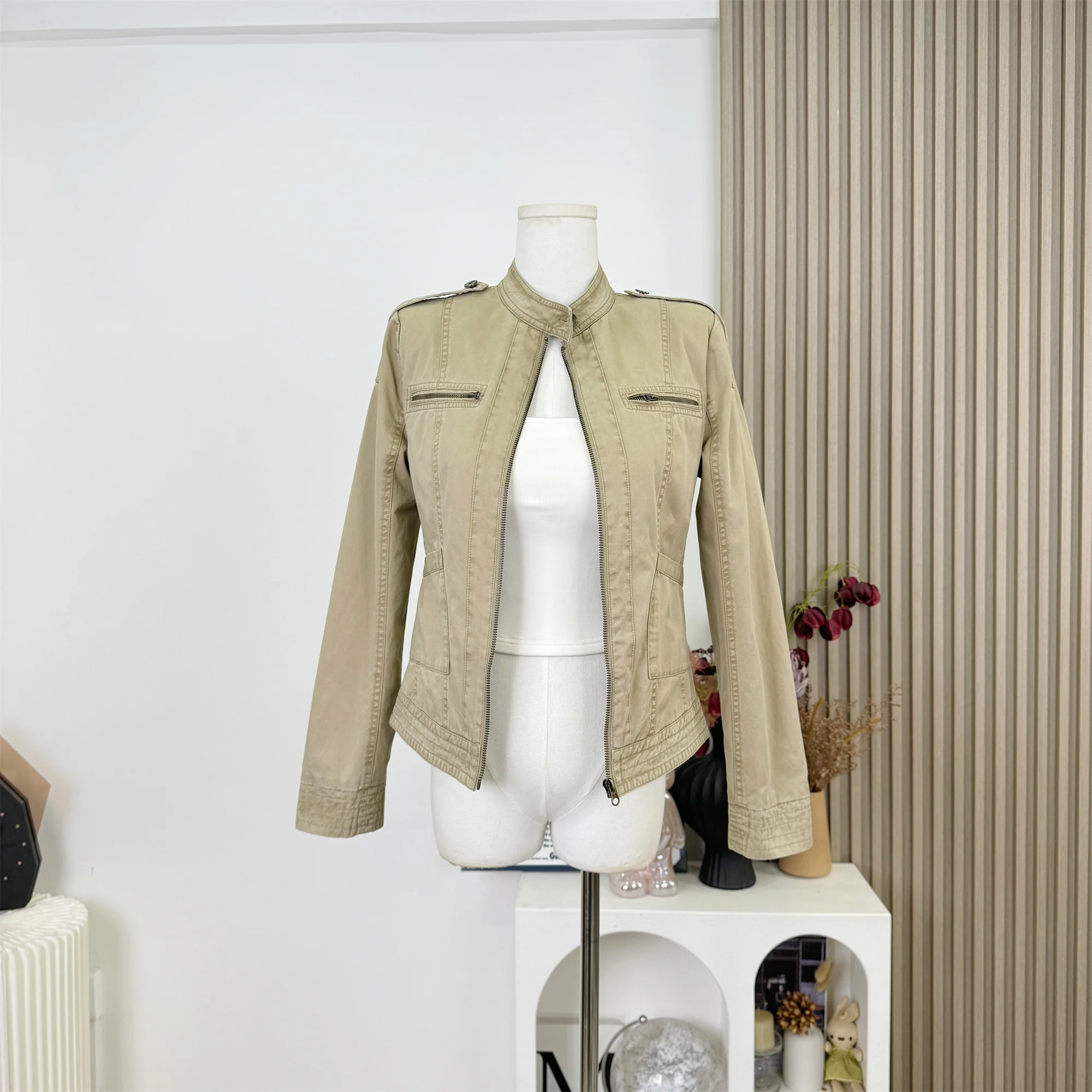 

Women's Spring Autumn Streetwear Turtleneck Long Sleeve Slim Jacket Lady Distressed Zipper Solid Color Outwear Top